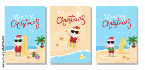 Set of Christmas at the beach, holidays cards. Tropical Christmas greeting card set with cute Santa Claus.	

