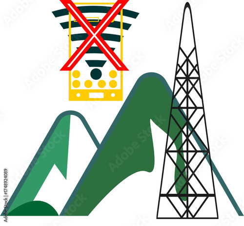 Communication Disruption in Remote Areas: Towers with a device icon and a blocked signal, indicating a disruption or lack of network access.
