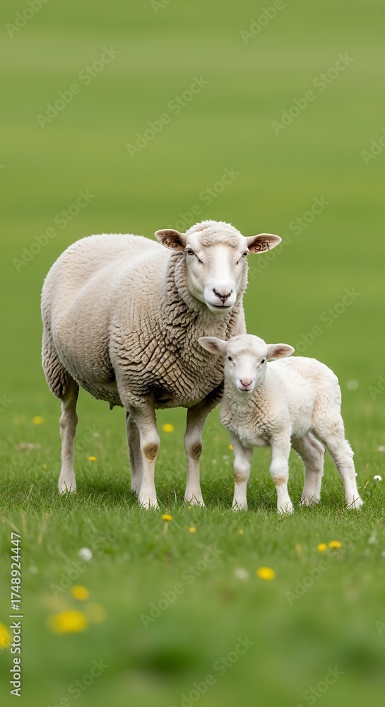 Fototapeta premium Ewe and Lamb Grazing in a Green Meadow.