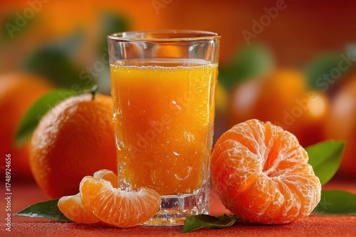 Glass of orange juice with mandarin slices on display