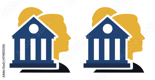 Justice and law logos featuring a courthouse building silhouette layered over human profile illustration