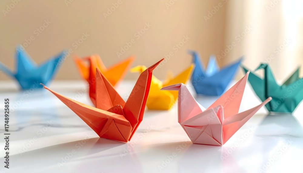 Fototapeta premium Origami Cranes A Symphony of Colorful Paper Folding Artistry