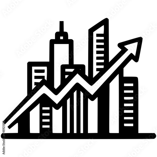 City Growth and Financial Ascendancy: An iconic graphic showcasing a city skyline interwoven with an ascending arrow, symbolizes the prosperous growth and positive financial trajectory.