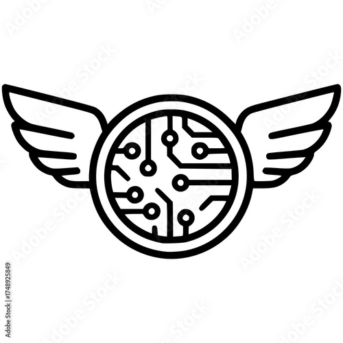 Digital Circuit with Wings: A conceptual illustration of a circuit board with wing-shaped elements, symbolizing the rapid advancements and widespread influence of technology in the modern world.
