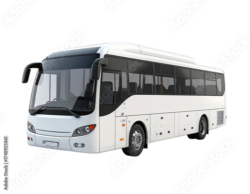 Clean, white passenger bus with tinted windows, isolated on a solid black background