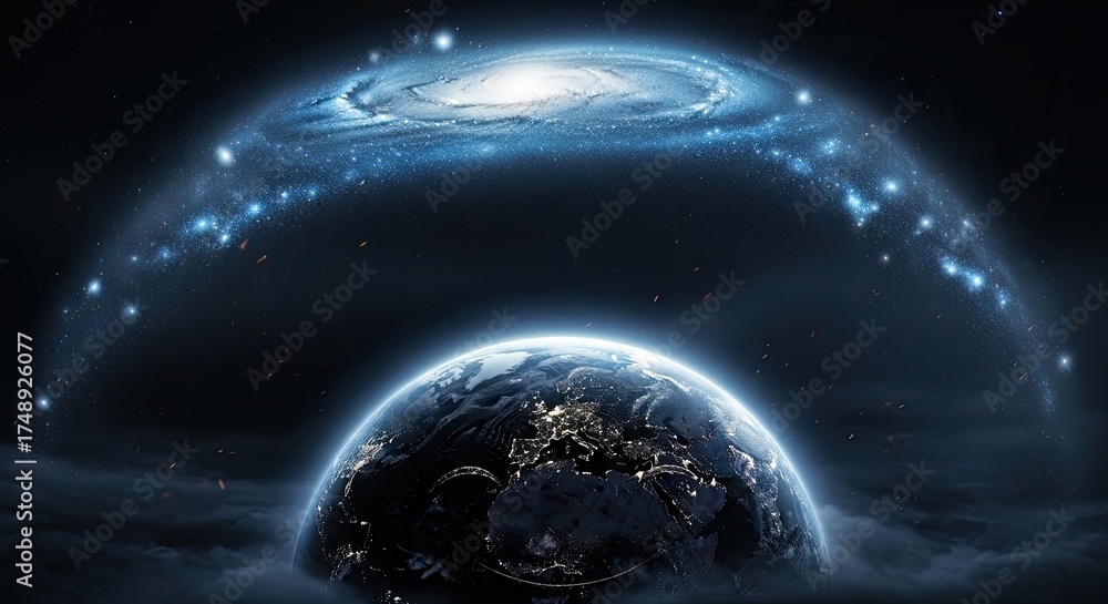 Obraz premium Stunning view of Earth under a vibrant galaxy, showcasing humanity's place in the cosmos and inspiring wonder and exploration for future endeavors.
