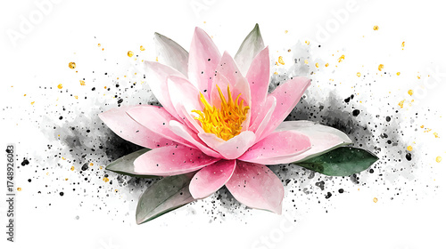 A pink flower with a yellow center is surrounded by black and white specks