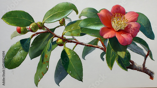 A red flower with green leaves is on a branch