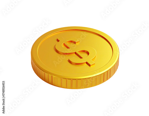 Isometric view of a shiny gold coin with a dollar sign, set against black