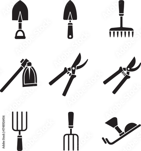 Essential Gardening Tools Black Silhouettes Collection for Cultivation and Landscaping.