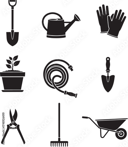 Essential black silhouette gardening tools icons - shovel, watering can, gloves, potted plant, hose, trowel, shears, rake, wheelbarrow.