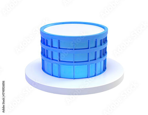 A minimalist blue cylindrical building on a white base, 3D rendered
