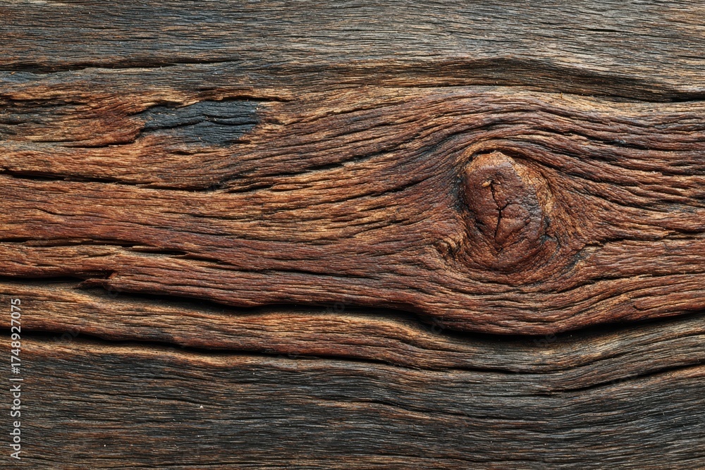 Naklejka premium Dark brown wood grain texture has a knot. Background for rustic design, or other creatives.