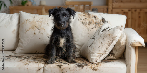 Playful puppy covered in dirt sitting on a messy couch in a casual living room setting