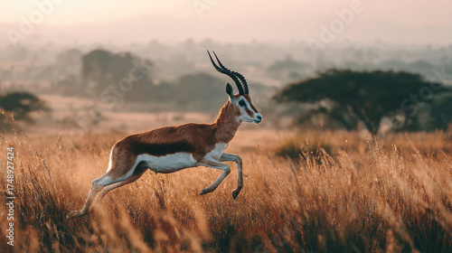 Gazelle Leaping Through Golden Grassland at Sunrise