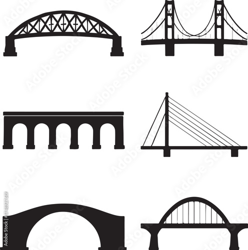 PrintCollection of diverse bridge silhouettes in black and white