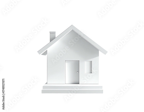 A 3D-rendered white house icon, front view, set against a stark black background
