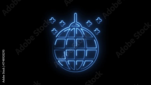Blue neon disco ball with flashing light effects animation on black background