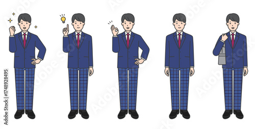制服姿の男子学生の全身イラスト素材セット
