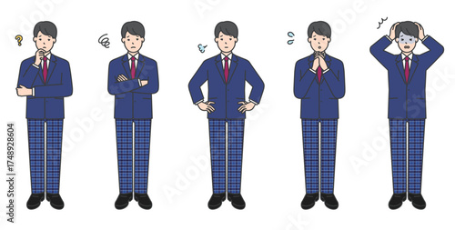 制服姿の男子学生の全身イラスト素材セット