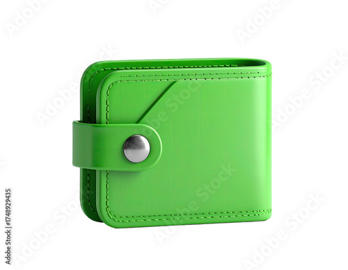 Shiny green leather wallet, closed, with silver clasp and stitching, isolated