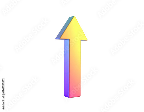 A 3D, upward-pointing arrow with a rainbow gradient on a black background