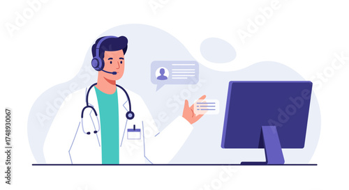 Friendly doctor offering virtual consultation with headset and computer, providing telehealth services for remote patient care and medical assistance online