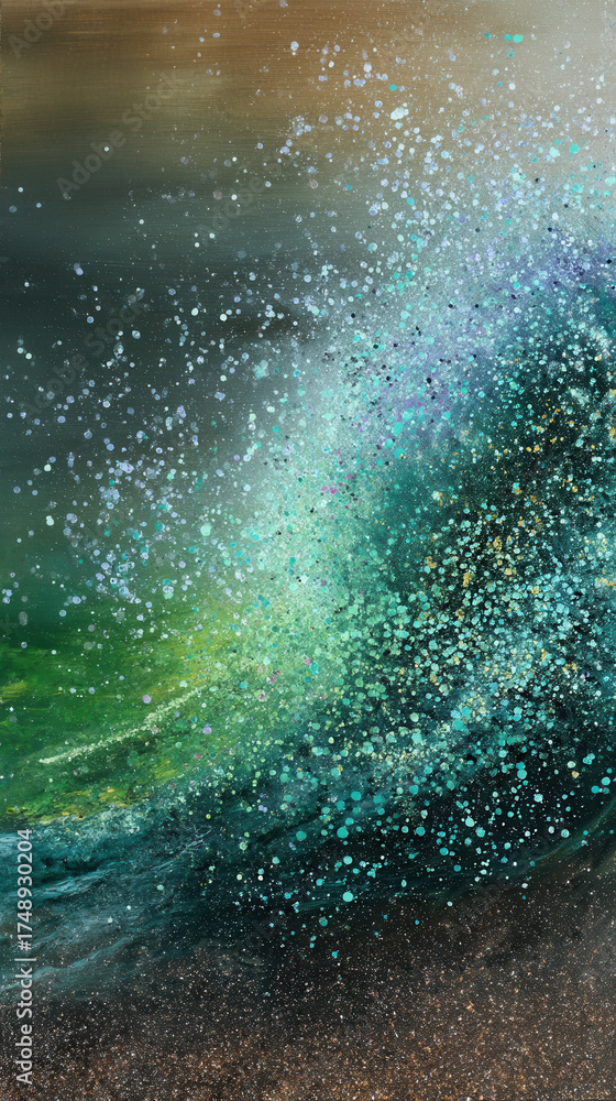 Fototapeta premium Vibrant ocean wave splashing against the shore with intricate colors in a tranquil setting
