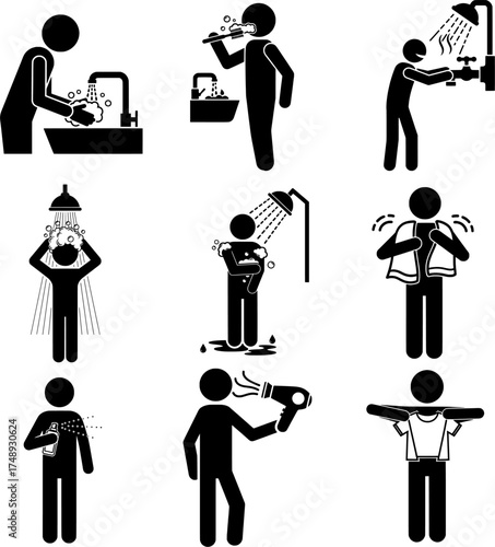 Personal Hygiene and Daily Grooming Routine Stick Figure Icons Set