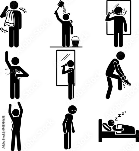 Personal Daily Routine and Morning Grooming Stick Figure Icons Set