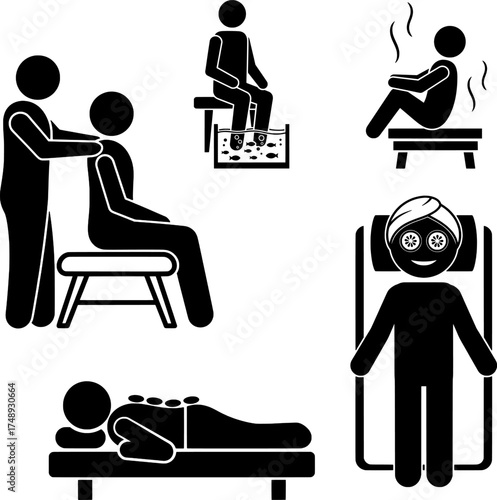 Spa, Massage, and Relaxation Treatments Stick Figure Icons Set