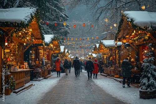 People walking through snowy street.