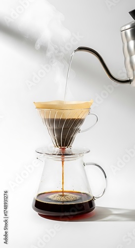 Pour-over coffee brewing with kettle and glass server.