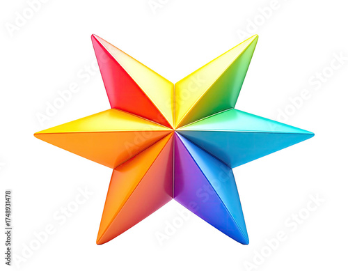 Rendered star with sharp points, iridescent rainbow hues, against black
