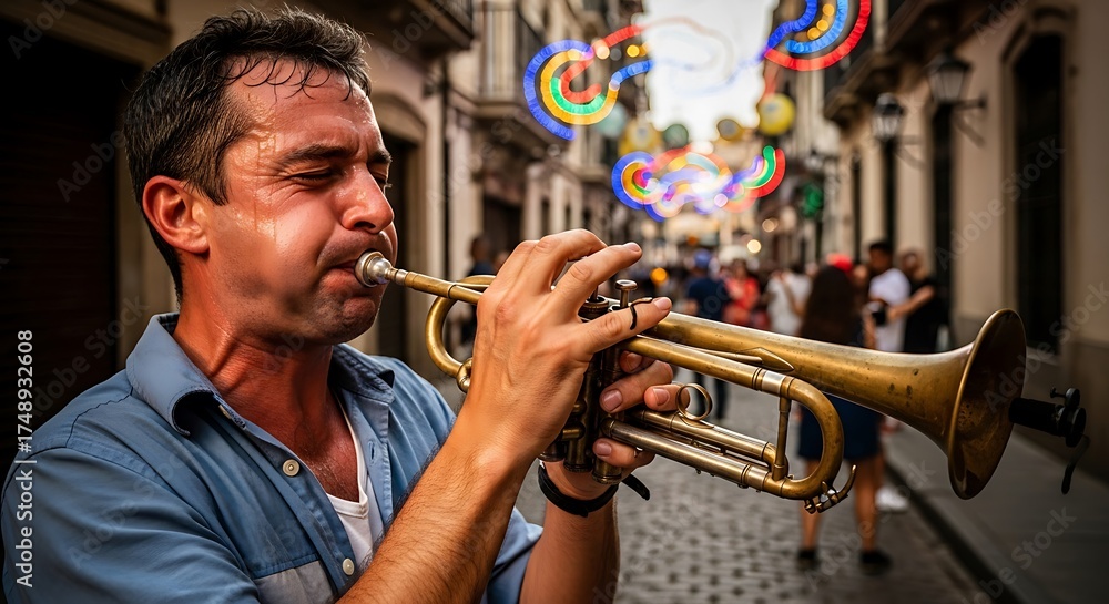 Obraz premium Passionate street musician playing a brass trumpet during a vibrant festival.