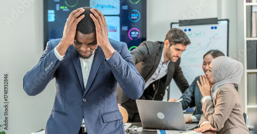 gossip whisper discussion about boss black manager secret mistake problem by Office employee worker colleague in business meeting. gossip whisper head of team in bad news upset unhappy partners.