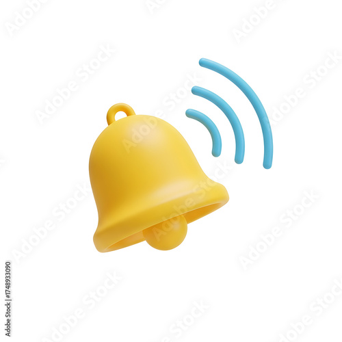 Yellow notification bell with sound waves a 3D render for alert and reminder concepts isolated on white