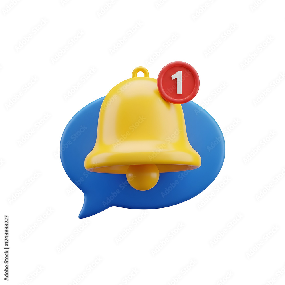 Fototapeta premium 3D notification bell icon with message bubble alert reminder for social media isolated on white backgrou