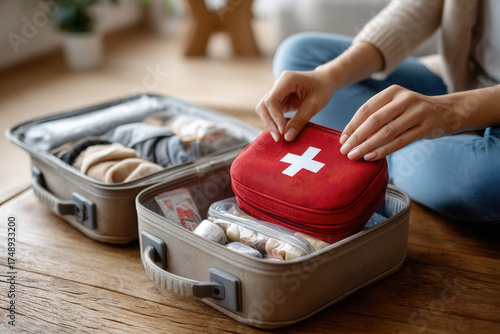 Preparing a first aid kit for travel with essential supplies in a suitcase at home