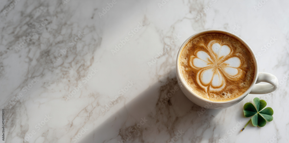 Fototapeta premium Beautiful latte art with a shamrock design on a marble table during morning coffee time