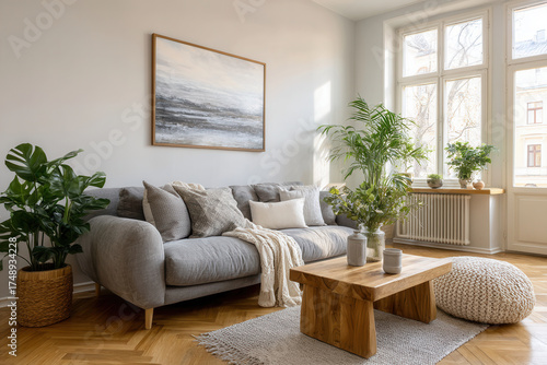Cozy living room with modern decor, plants, and natural light creating a warm atmosphere in an urban apartment