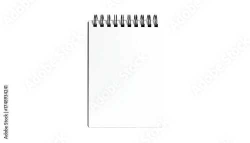A vertically oriented, spiral-bound notebook with blank white pages against black