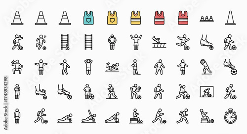 A collection of vector icons depicting various sports, activities, training equipment, and human figures in action poses.