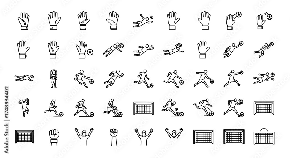 Fototapeta premium A comprehensive set of soccer goalkeeper line art icons showing gloves, saves, and goals.