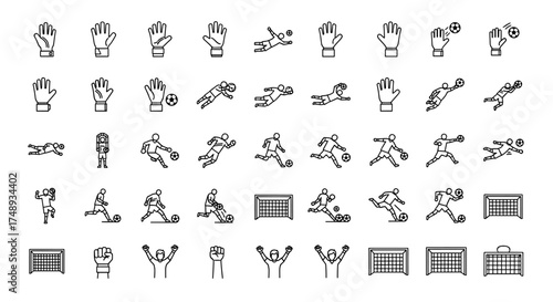 A comprehensive set of soccer goalkeeper line art icons showing gloves, saves, and goals.