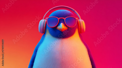 A cheerful penguin wearing headphones and sunglasses stands against a vibrant neon gradient, glow!!