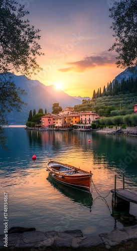 Wallpaper Mural Lake Garda Serenity - A Boats Reflection at Sunset in Italy. Torontodigital.ca
