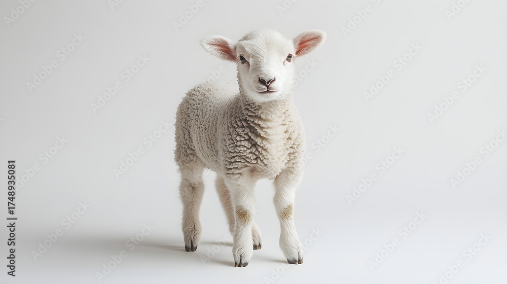 Obraz premium A cute, fluffy lamb with soft, white wool stands in a studio setting, showcasing its innocent gaze. The lamb is the central focus.