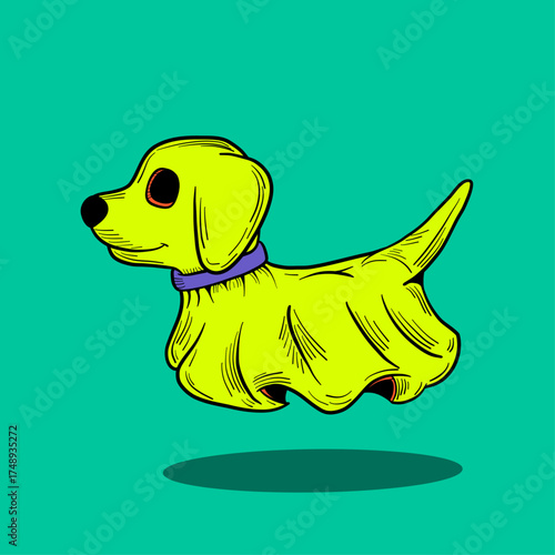 A cute yellow dog cartoon illustration with a ghost-like appearance floating above the ground. Perfect for Halloween, pet-themed designs, stickers, and t-shirt prints.