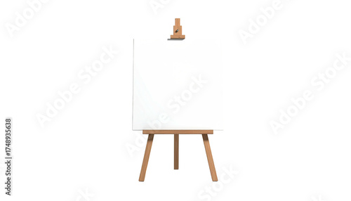 Wooden easel holding blank white canvas, set against black background